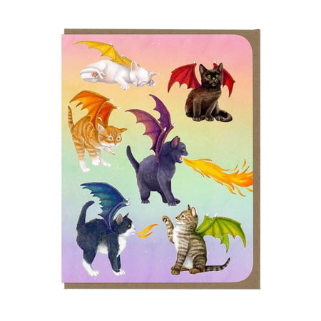 Dragon Cat Greeting Card Whimsical Kittens with Wings and Fire Illustration Fantasy Animal Stationery Cute Card for Cat Lovers Birthday or Appreciation Card