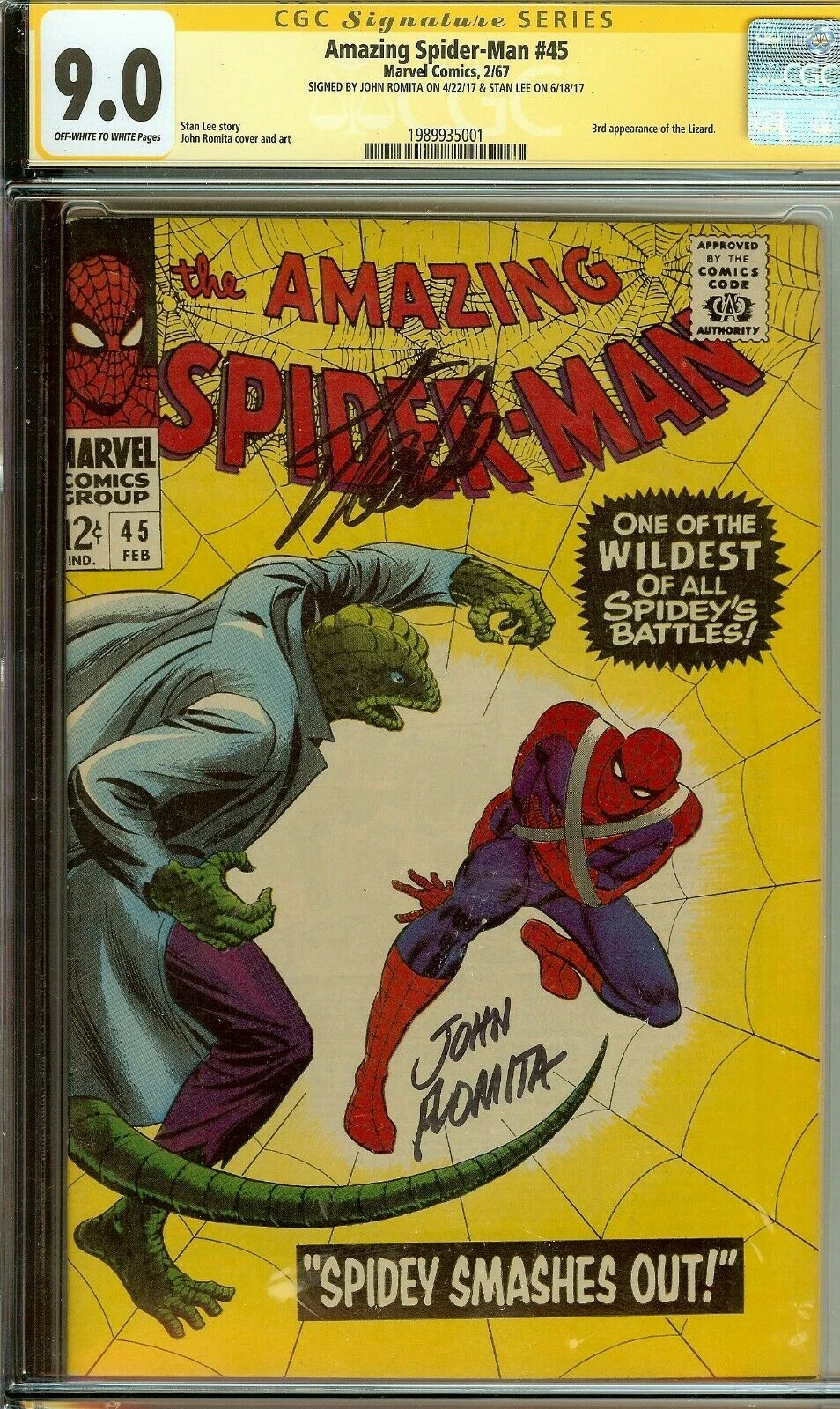 Amazing Spider-Man #45 Signed Stan Lee & John Romita CGC 9.0