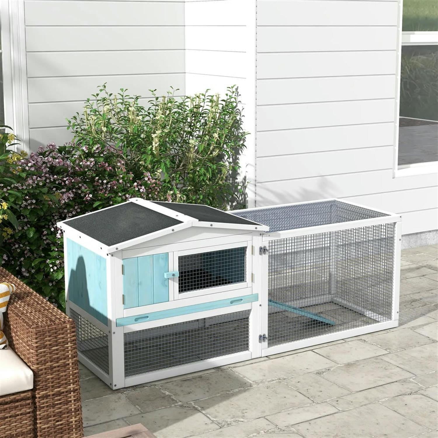 Kadyn 61" 2-Story Wooden Rabbit Hutch with Slide-out Tray, Outdoor Small Animal Habitat Enclosure Bunny Cage for Bunnies, Guinea Pigs, Blue
