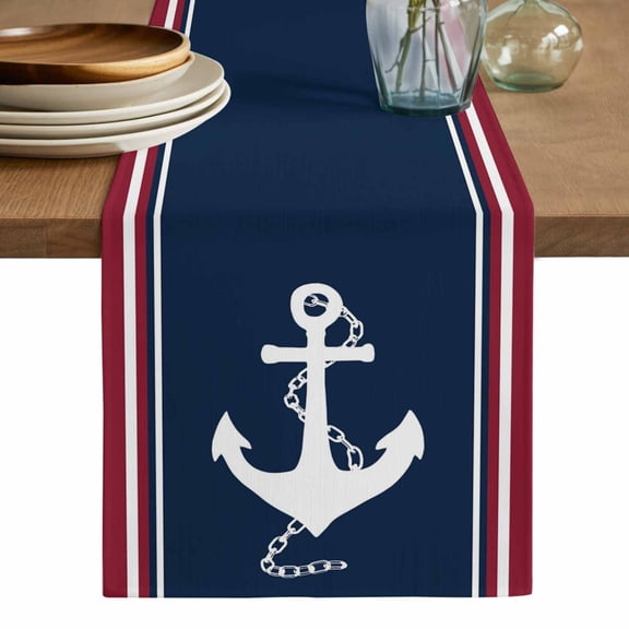 Navy Blue Red Stripe Cotton Linen Table Runner for Dining Kitchen, Coastal Nautical Anchor Farmhouse Wedding Outdoor Party Tablerunners Decoration,Dresser Scarf Coffee Tablecloth Runners 13x60 Inches