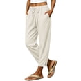 thumbnail image 3 of Women Casual Drawstring Elastic Waisted Pants with Pockets Solid Color Full Length Pant Lightweight Beach Work Trousers, 3 of 9