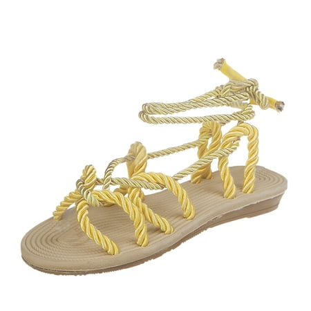 

nsendm Fuzzy Sandals with Strap for Women Sandals Ladies Toe Fashion Strap Colorblock Cross Set Womens Fringe Sandals Yellow 9.5