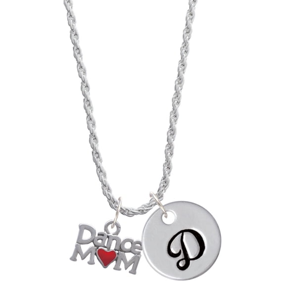 Delight Jewelry Silvertone Dance Mom with Red Heart Silvertone Script Initial Disc - D - Charm Necklace, 20"+3"