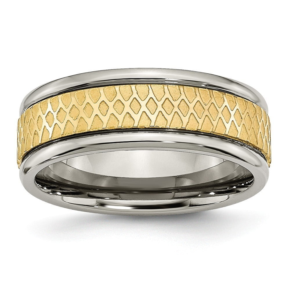 Bridal Wedding Bands Fancy Bands Titanium 8mm Yellow IP-plated Satin and Polished Checkered Band Size 14