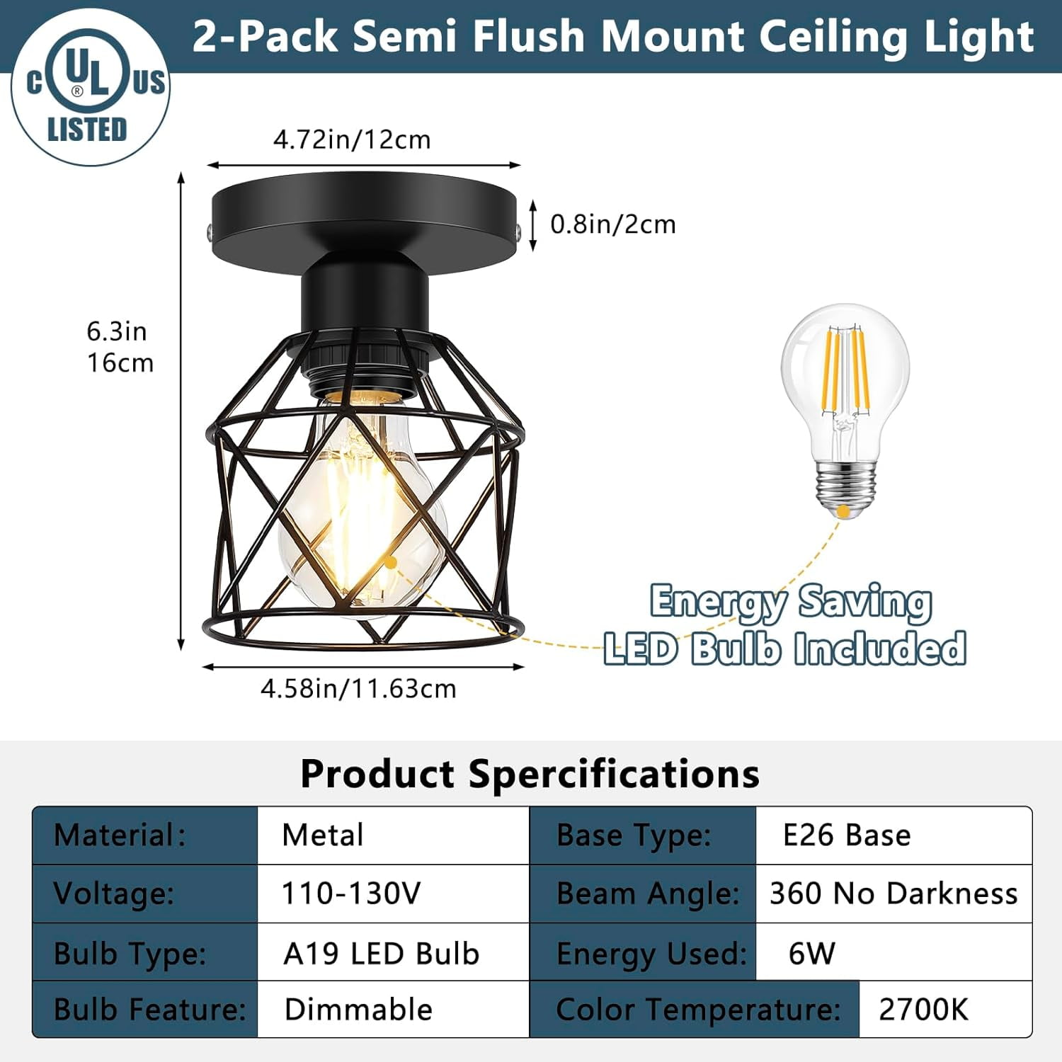 2-Pack Semi Flush Mount Ceiling Light Fixture with 2 LED Bulbs Black Kitchen Light Fixtures Ceiling Mount Ceiling Lamp for Kitchen, Hallway, Porch