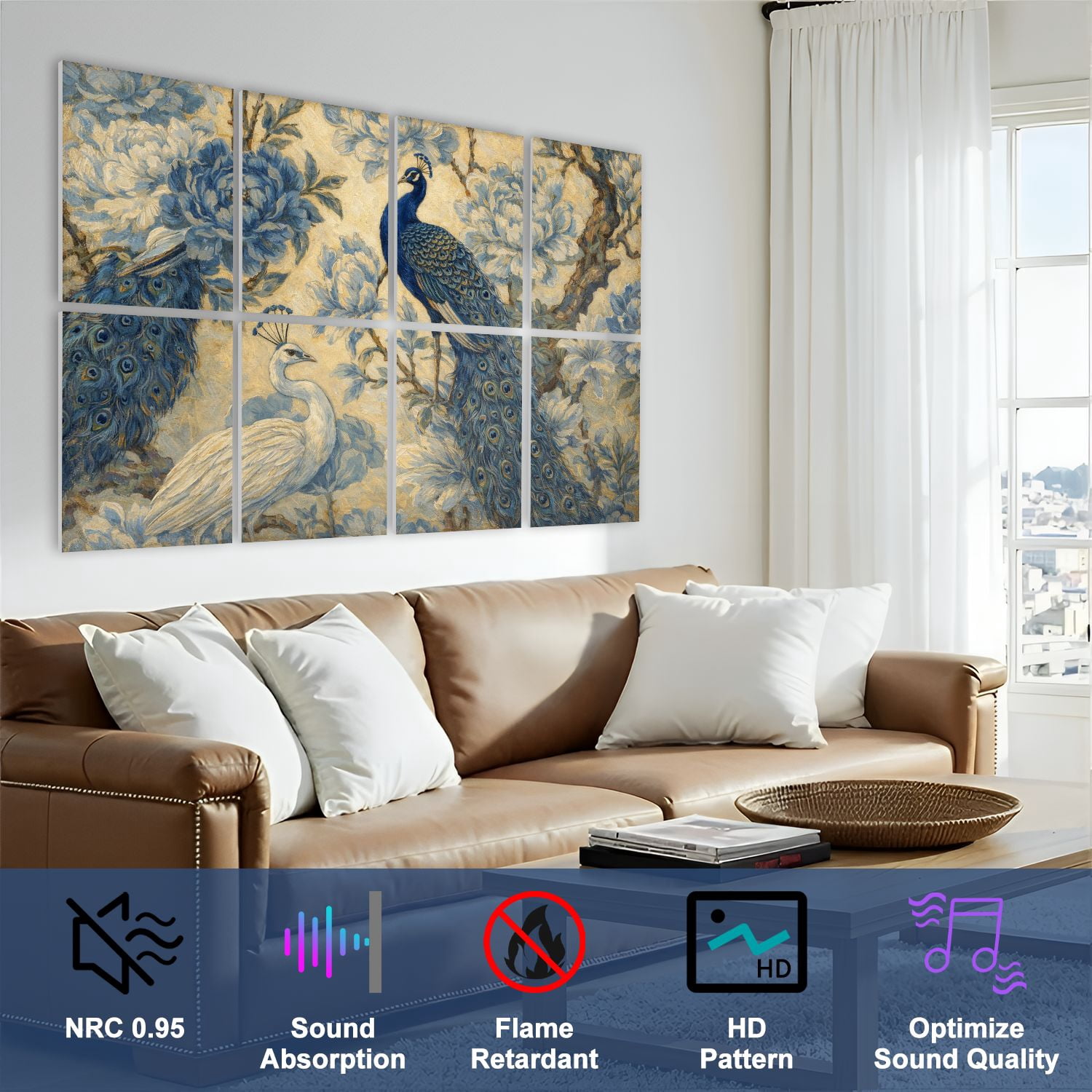 Rustic Farmhouse 8 Pack Art Acoustic Panels Sound Absorbing Seamless chinoiserie peacock birds peonies blue color Decorative Soundproof Wall Panels Self Adhesive for Nursery Game Room Bedroom 48"x32"