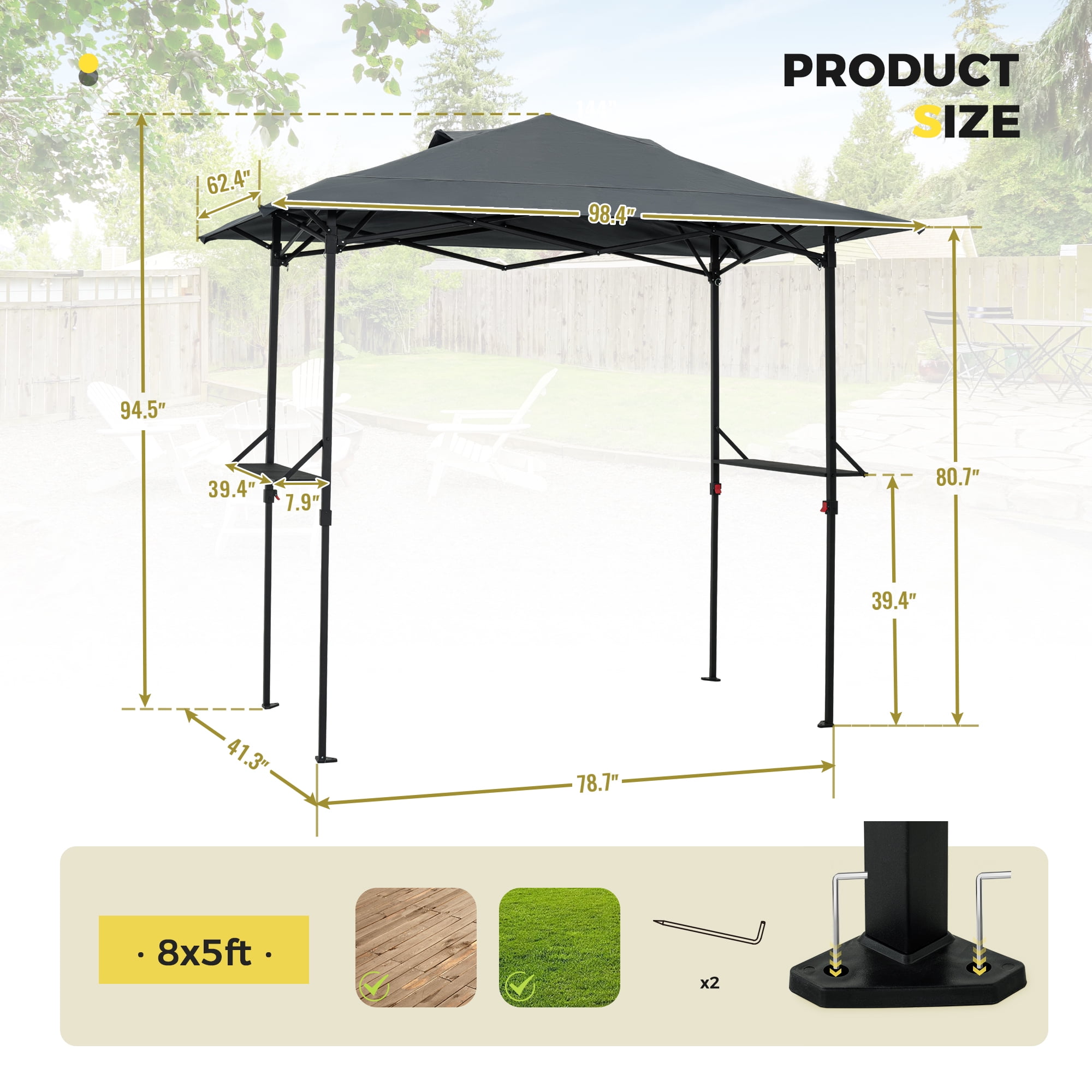 8×5 FT Pop Up Grill Gazebo, Outdoor Grill Canopy with Vented Roof & Side Shelves, Large Portable Canopy for Outdoor Barbecue, Backyard, Patio, Easy Set up