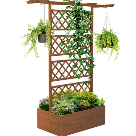 JERFIT 72-inch Wooden Raised Garden Bed with Trellis Roof, Outdoor Planter Box for Vegetables, Flowers, Vines, Patio Privacy Screen, Orange