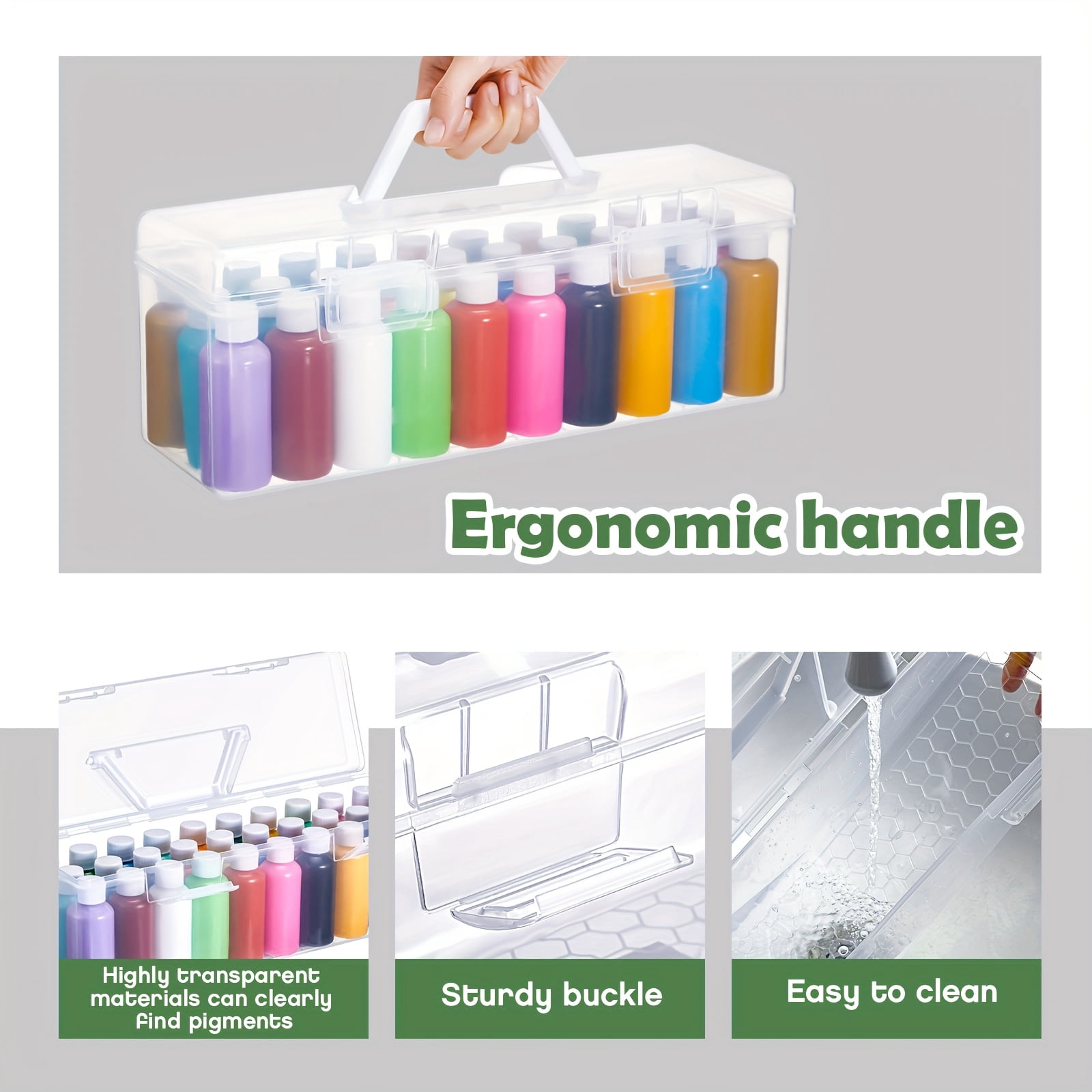 3 Pcs Paint Storage Box for 2 Fl oz Acrylic Paints, Acrylic Portable Craft art Organizer with Handle, 30 Bottles Capacity Plastic Art Supply Clear Boxes