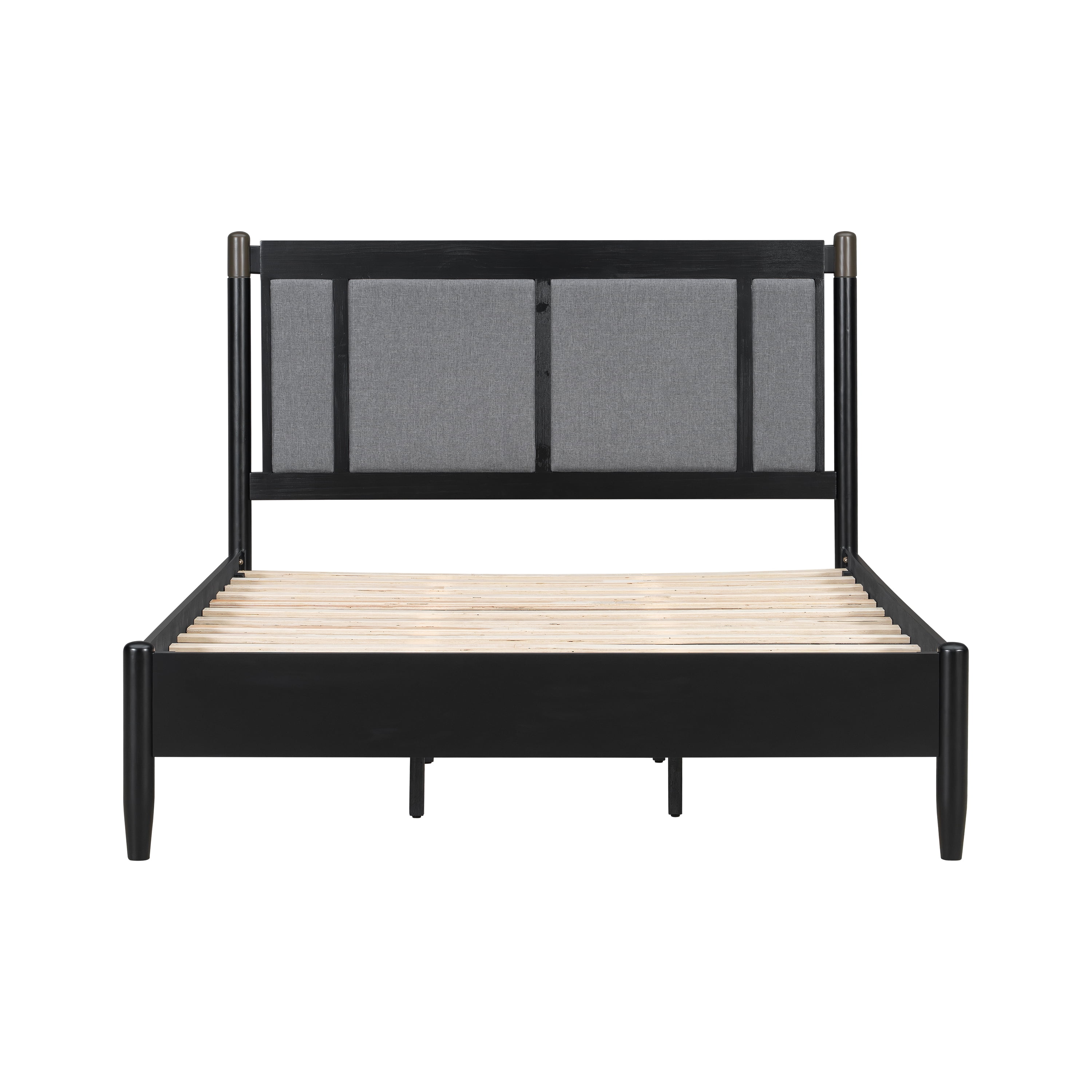 Queen Bed Frame 81 Inch, Solid Wood Platform Bed with Upholstered Headboard and Metal Handles, Heavy Duty Bed Frame with 500 lbs Support, Black