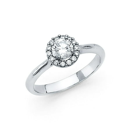 14K Solid White Gold Round Cut Halo Cubic Zirconia Wedding Engagement Ring , Size 9