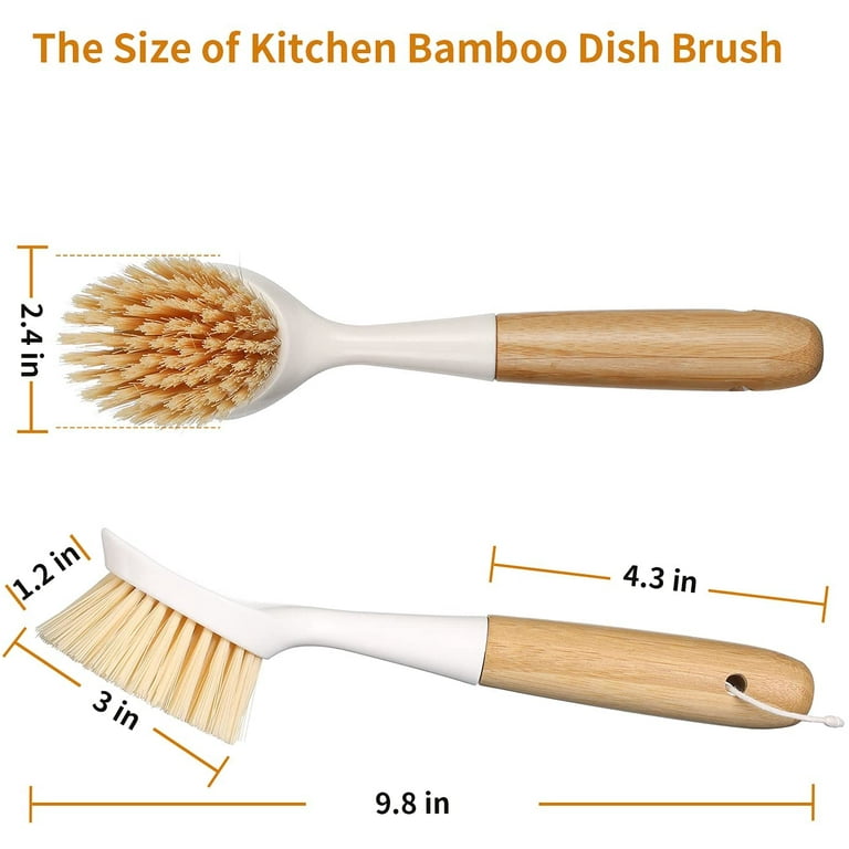 Best 2 Pack Kitchen Dish Brush Bamboo Handle Dish Scrubber Built