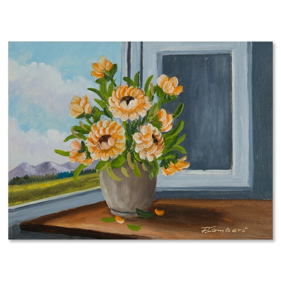 Designart ' Still Life With Orange Flowers In Vase At The Window ' Traditional Canvas Wall Art Print