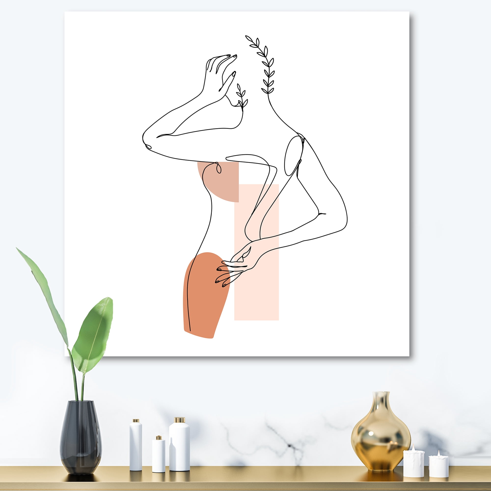 One Line Woman Portrait With Shapes and Leaves II 30 in x 30 in Painting Canvas Art Print, by Designart