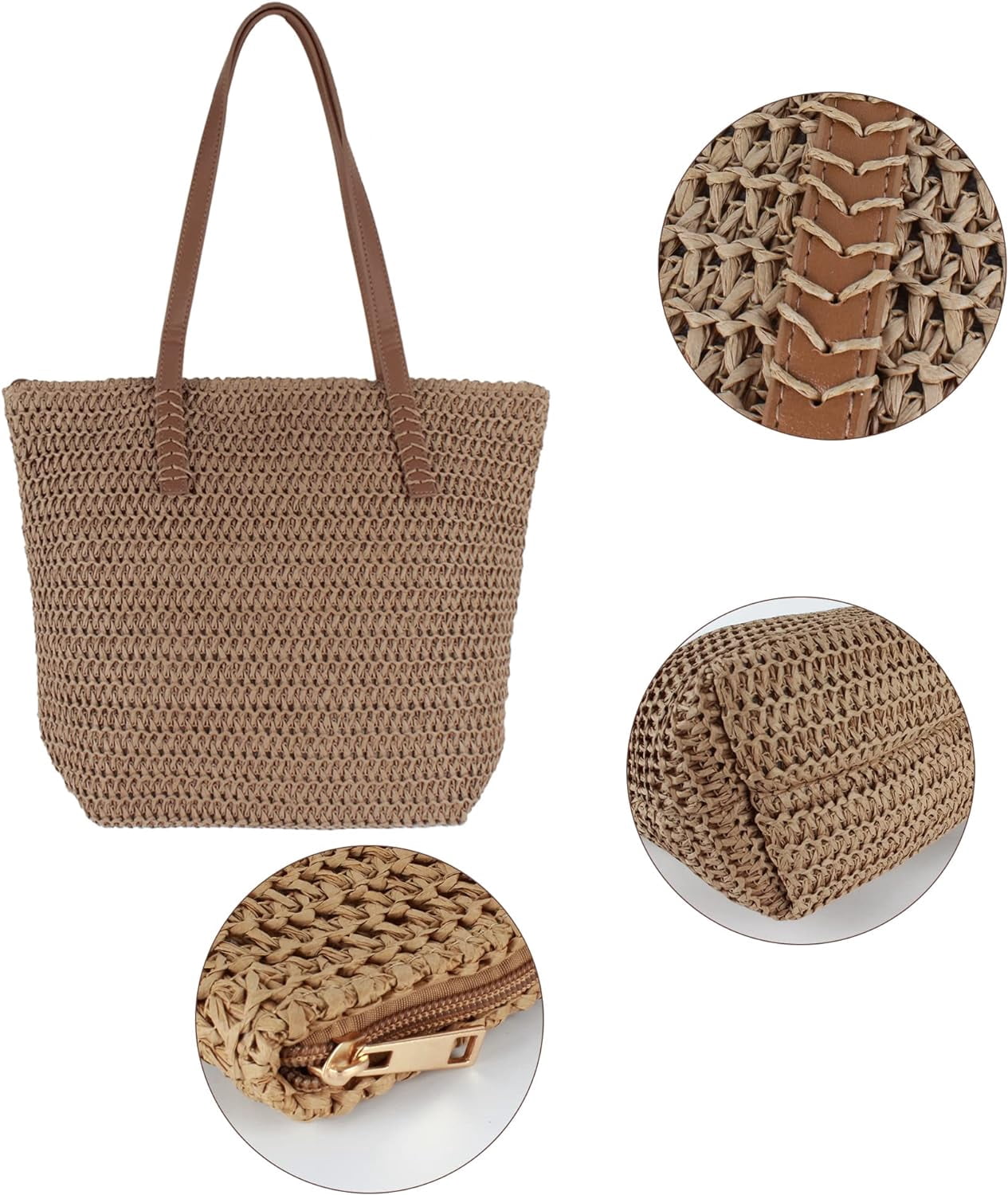 LinYooLi Women Straw Crochet Tote Bohemian Summer Beach Bag Large Handmade Shoulder Bag