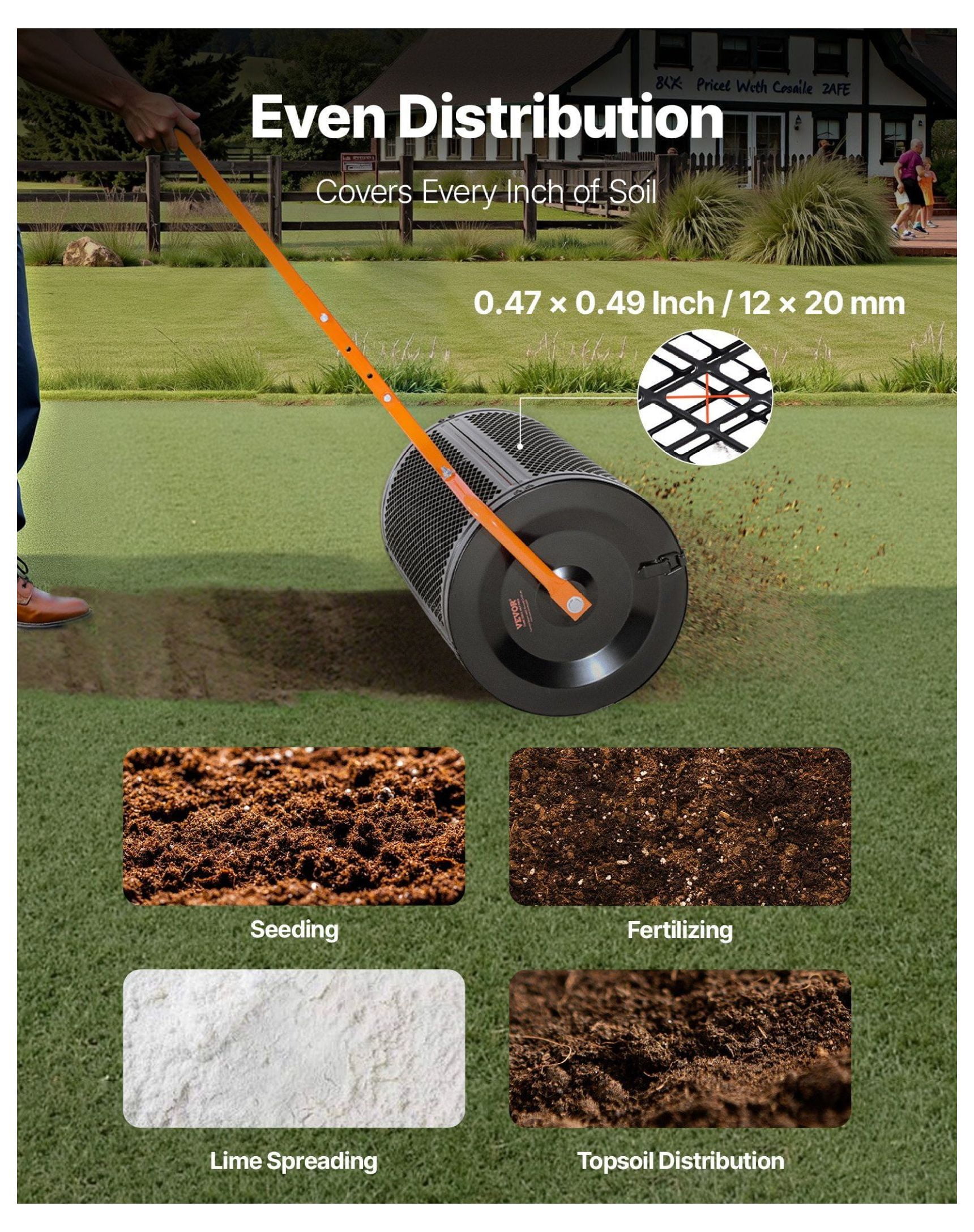 Compost Spreader 24 Inch, Peat Moss Spreader with Adjustable Handle, Heavy Duty Garden Seed Spreader for Lawn & Farm, Steel Roller, 2.66 cu ft Capacity