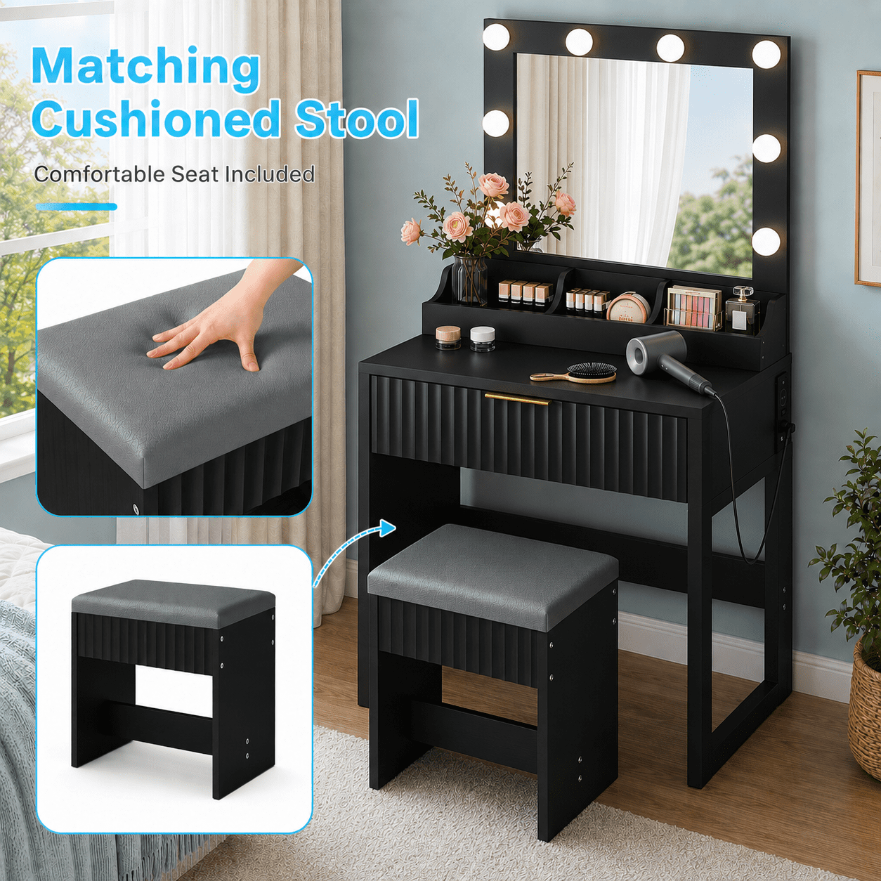 Ktaxon Flutted Makeup Vanity Table w/Stool, Dressing Desk with Charging Station, For Femal Gift, Black
