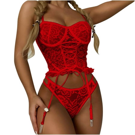 

Womens Sexy Lingerie Sets Floral Lace Embroidered Ruffle Bra and Panty Set Teddy Babydoll Bodysuit with Garter Belt