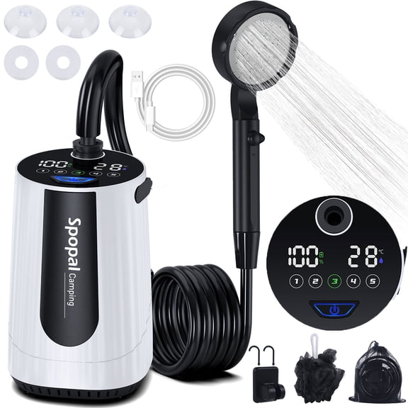 Spopal Portable Camping Shower, 5-Speed 10000mAh Rechargeable Camp Shower Pump with Upgraded LED Display, IPX8 Waterproof for Hiking Travel, White