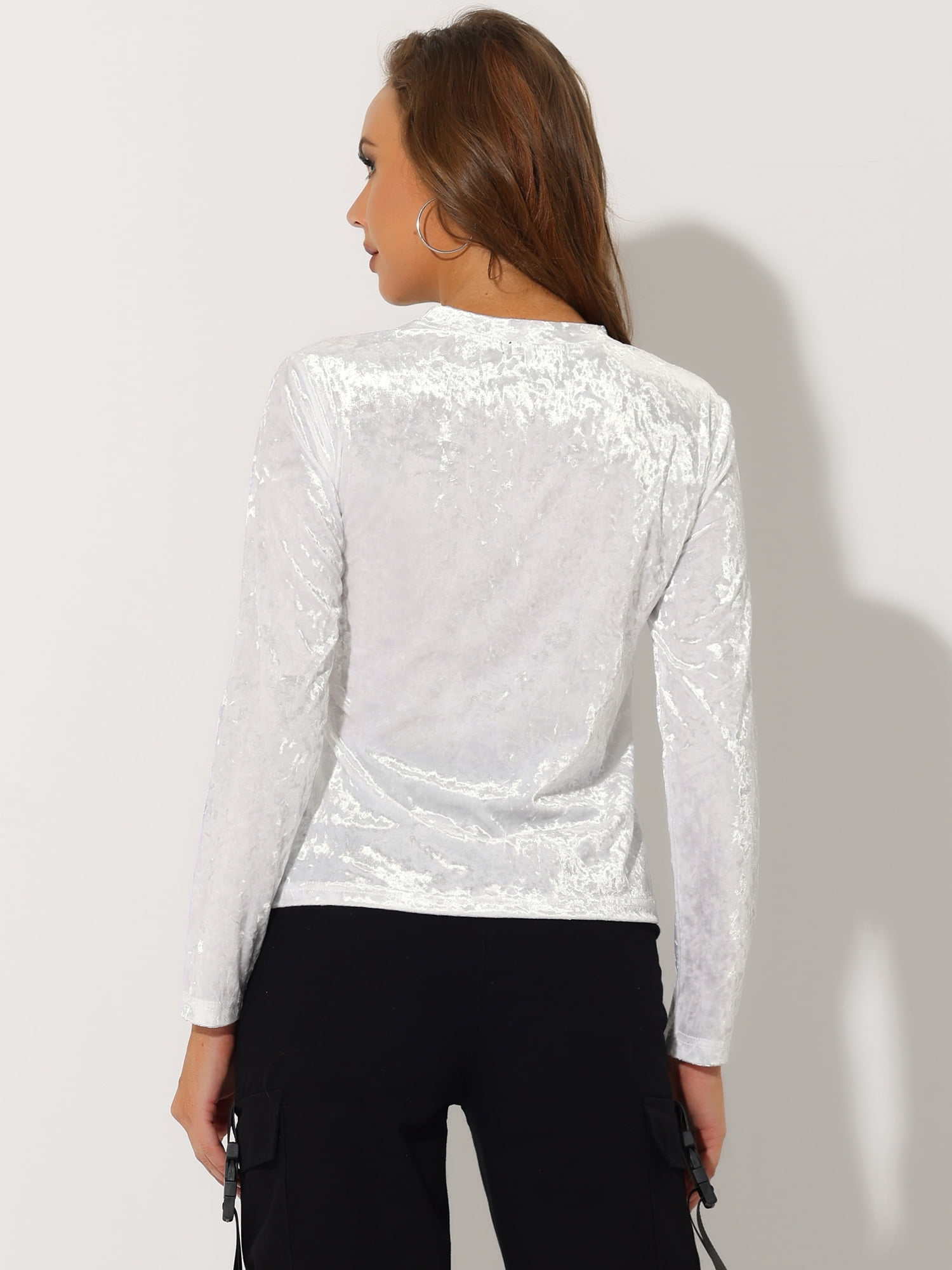 DARING DIVA Velvet Tops Round Neck Casual T-Shirt S White