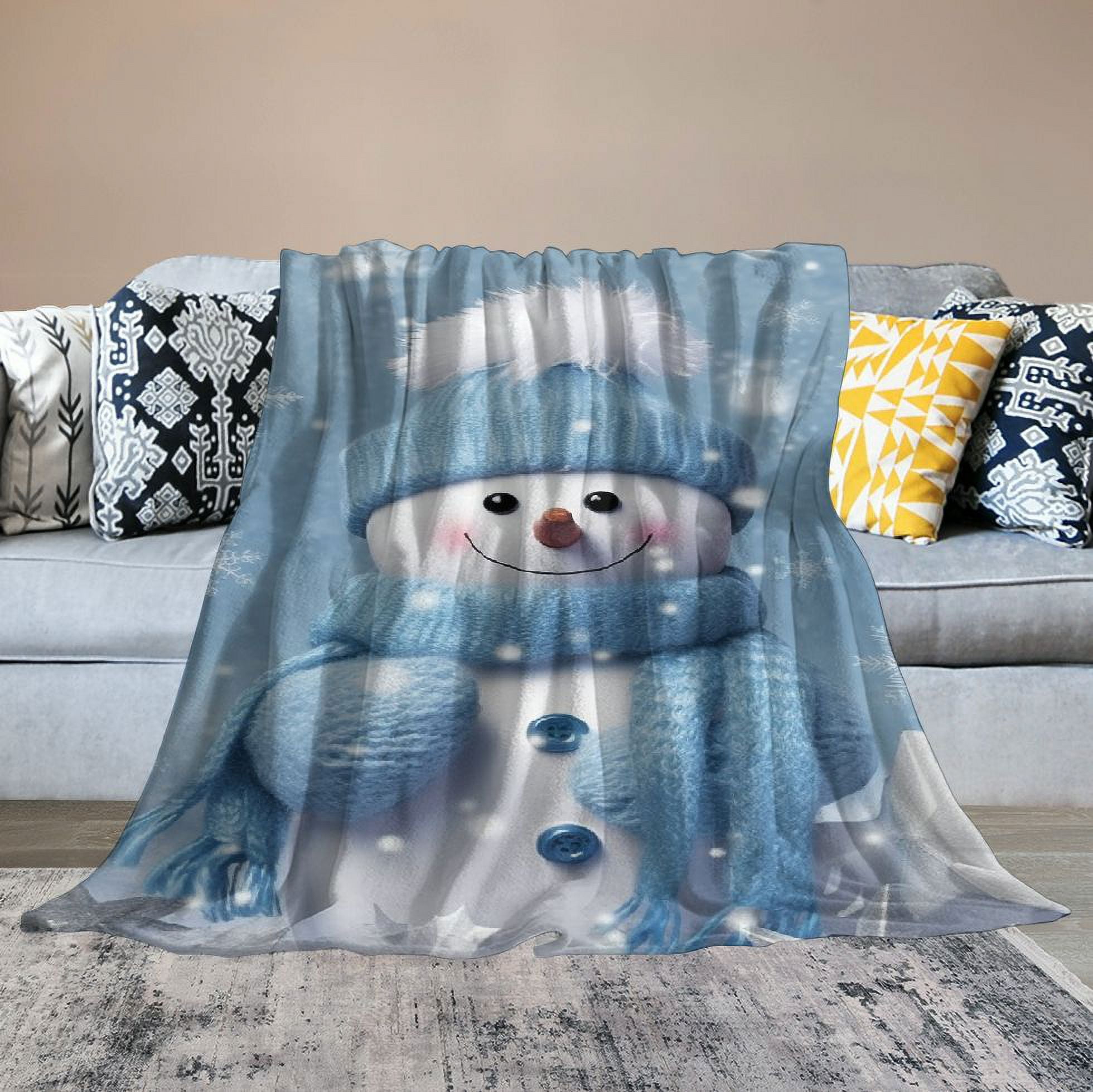 JEUXUS  Christmas Snowman Throw Blankets, Winter Holidays Soft Blanket Decorative for Home Sofa Couch Chair Living Bedroom,40x50 inches, Grey Blue