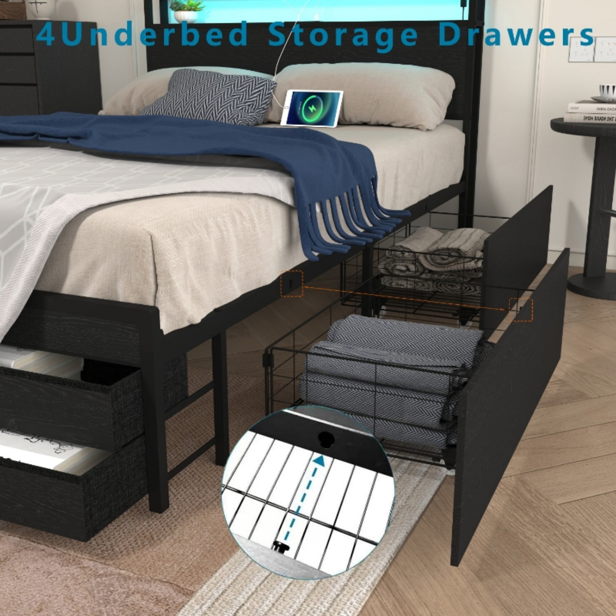 AENKYO Full Size Bed Frame with 8 Storage Drawers, Headboard with Charging Station and LED Lights, Black