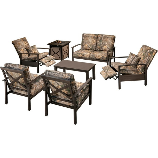 Hanover Cedar Ranch 7 Piece Outdoor Patio Furniture Set 2 Deep Seating Recliners Side Chairs Loveseat Coffee Table And Sling Gas Fire Pit Thic Com 7 Piece Outdoor Patio Furniture Set, Outdoor Ranch Furniture