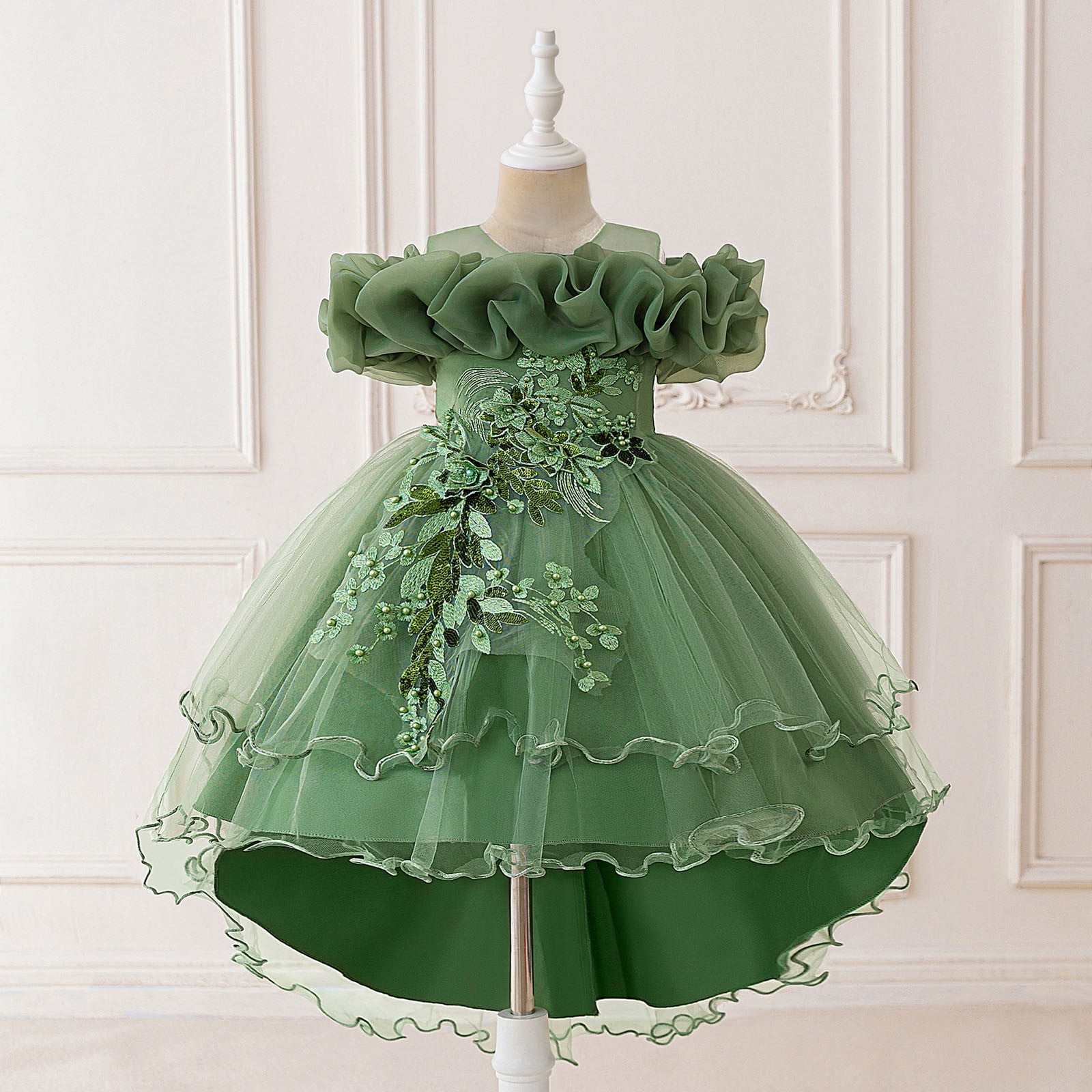Dress for Girls Satin Girl Dress with Puffed Sleeves for Birthday Party Christening