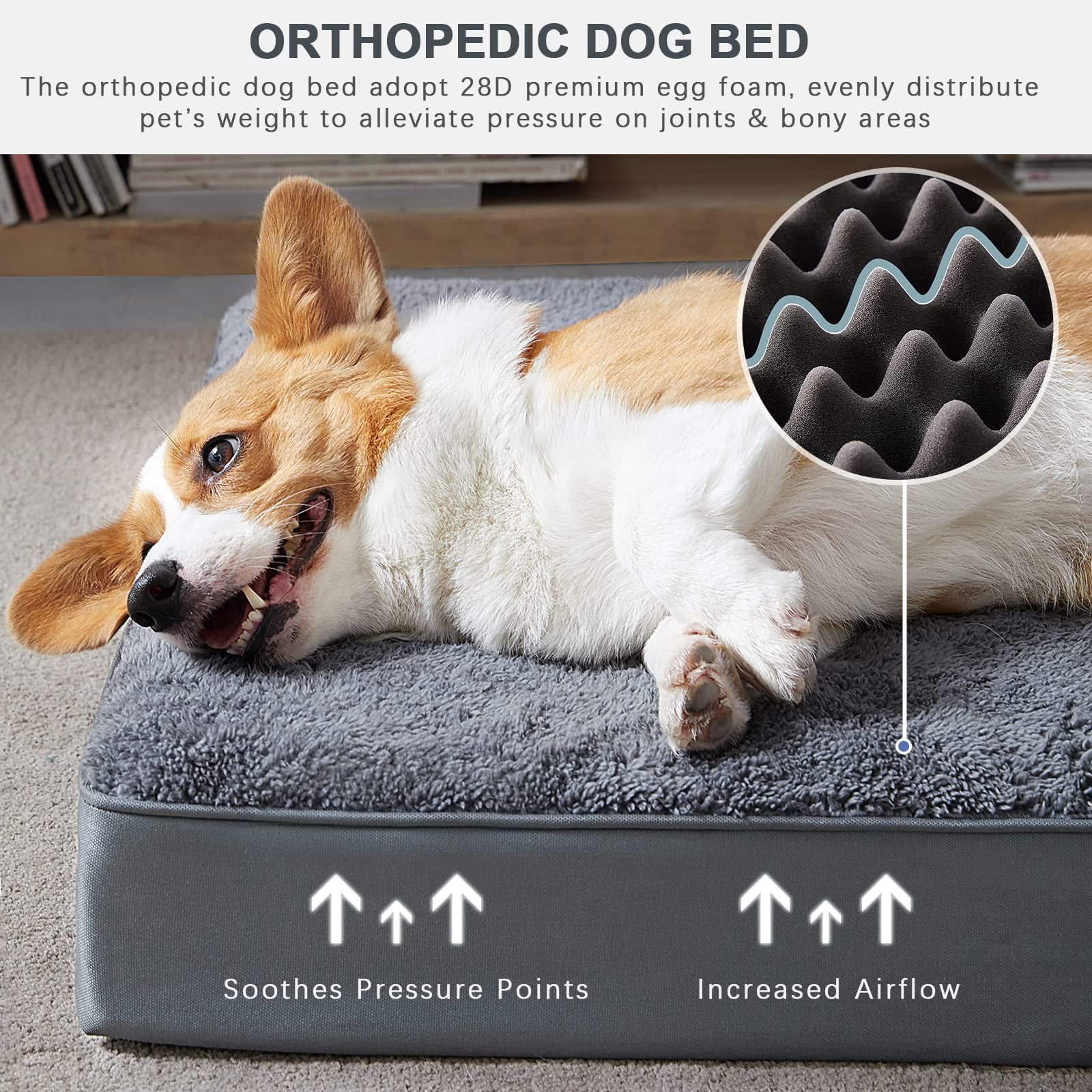 Waterproof Dog Bed Orthopedic Crate Pad with Removable Washable Cover Egg-crate Foam Anti-slip Bottom 23x17 Inch Grey