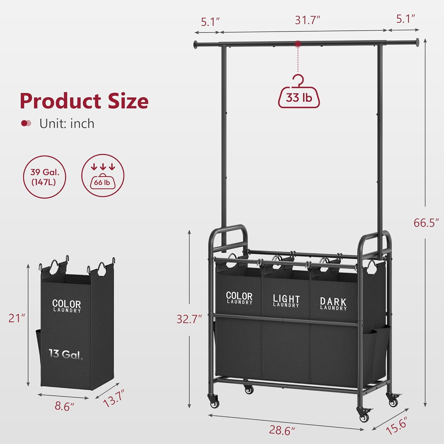 Laundry Sorter Cart with Hanging Rack, Laundry Sorter 3 Section, Laundry Hamper with Heavy Duty Rolling Lockable Wheels, Black