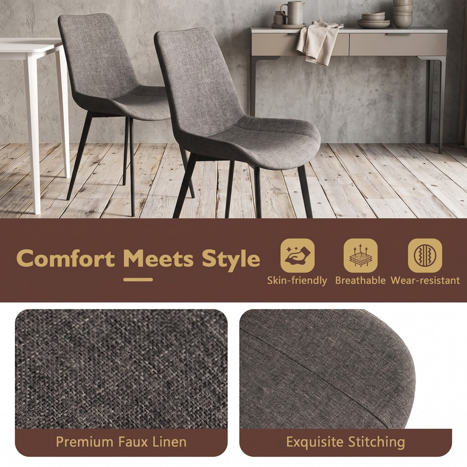 Furnibear Set of 4 Upholstered Dining Chairs with Metal Legs, Faux Linen Padded Back Kitchen Side Chairs, Ergonomic Armless Accent Chairs for Dining Room Living, Gray
