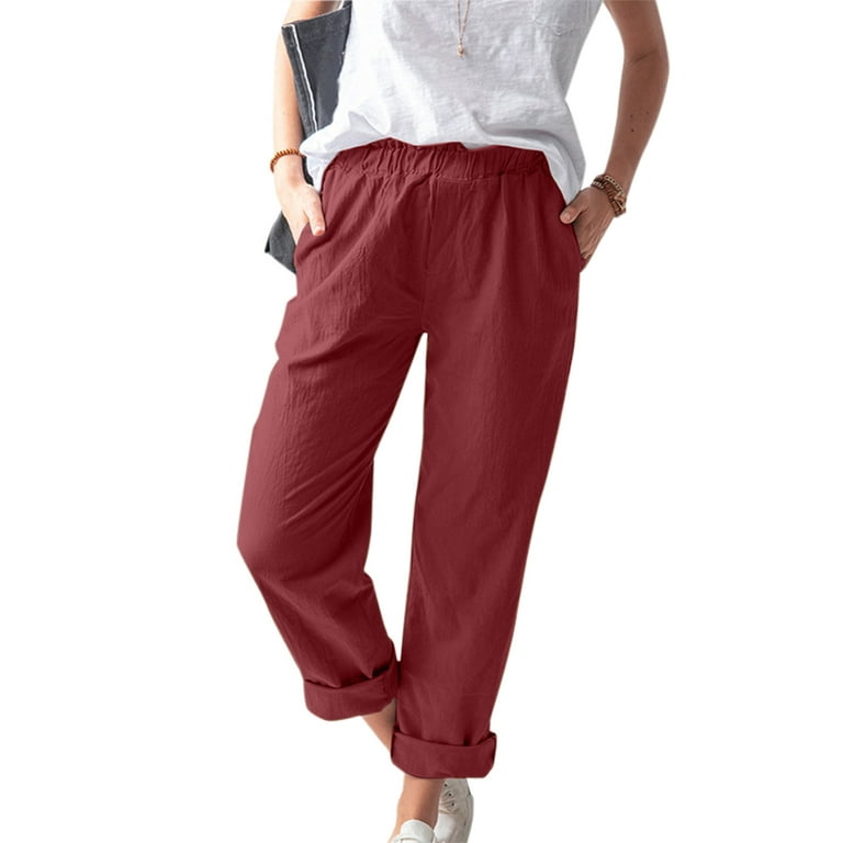 EHQJNJ Cotton Joggers for Women with Pockets Women Solid Tightness Cotton  Linen Trousers Pocket Casual Pants Clothes,Red
