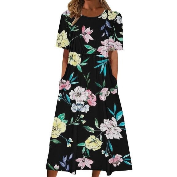 Drses Summer Dresses for Women 2024 Fashion Women Casual Sexy Round Neck Printing Elastic Waist Short Sleeve Pockets Dress Women's Casual Dresses