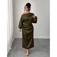 thumbnail image 4 of Army Green Satin Asymmetric Off-Shoulder Ruched Waist A-Line Midi Dress, 4 of 5