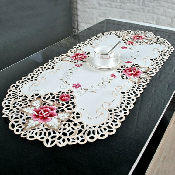 White Oval Lace Tablecloth Doily Embroidered Floral Small Table Cover Home Decoration