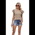 thumbnail image 1 of Blusas Casuales de Corta con Volantes para Mujer, Lindas Camisetas de Punto Acanaladas de Color Liso. Caqui XL, 1 of 10