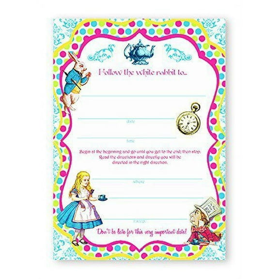 Alice In Wonderland Brights LARGE Invitations - 10 Invitations   10 Envelopes
