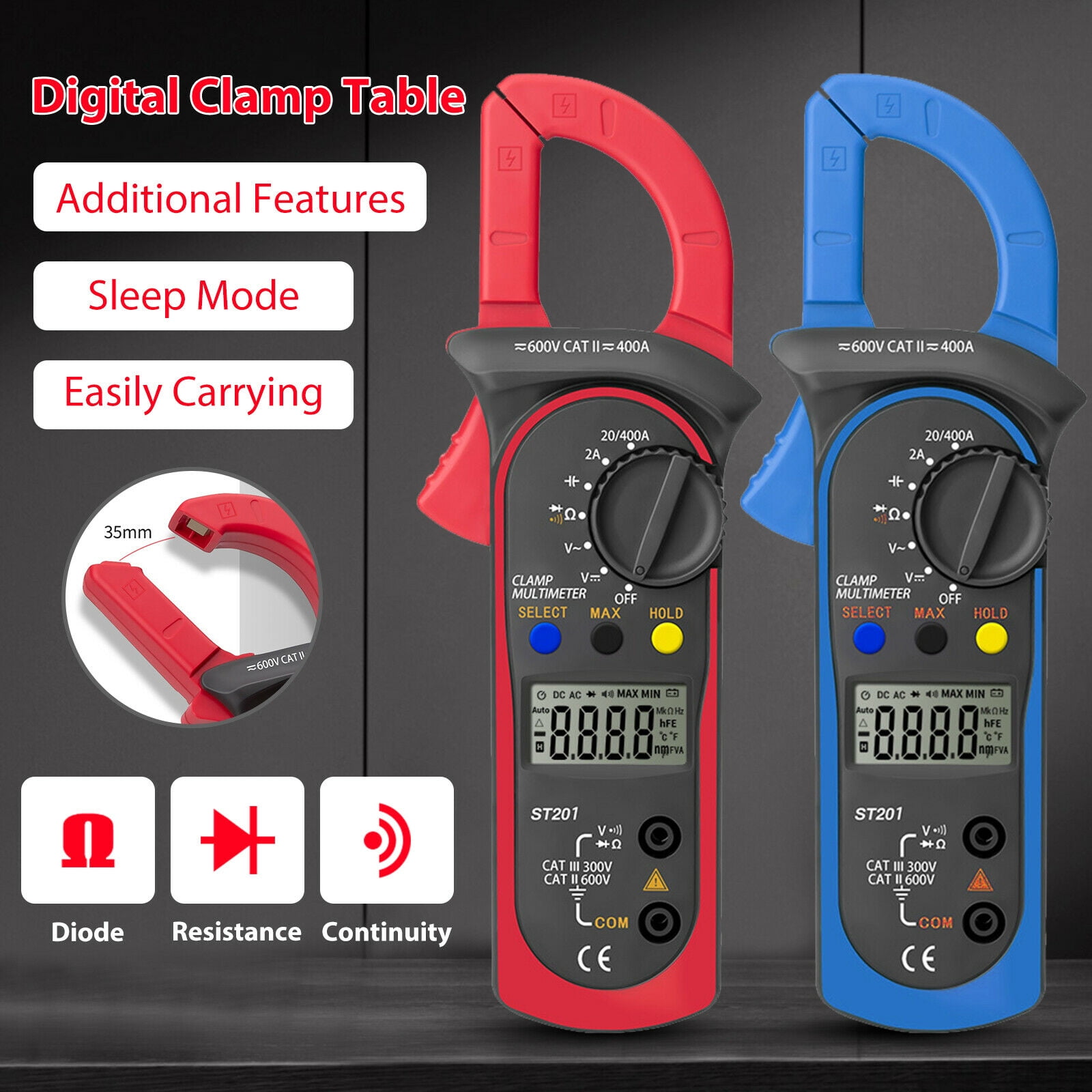Continuity; Tests Diodes Resistance Multimeter Volt Meter with Auto Ranging; Measures Voltage Tester AC Current Red/Black Digital Clamp Meter
