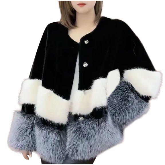 2025 Women Shaggy Faux Fur Coat Fashion Color Block Long Sleeve Button Down Open Front Jacket Warm Winter Clothes