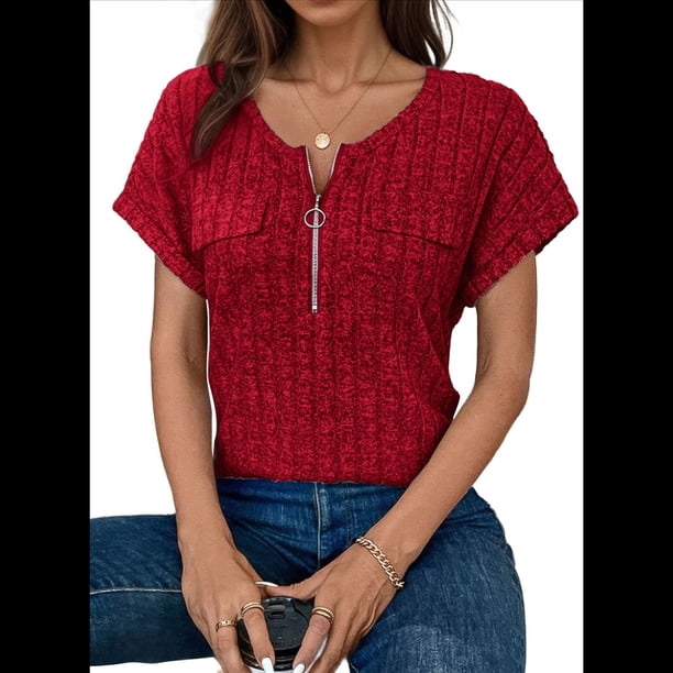 Blusas de Talla Grande para Mujer, Túnicas de Corta con Cremallera de 1/4, Color Rojo Vino M
