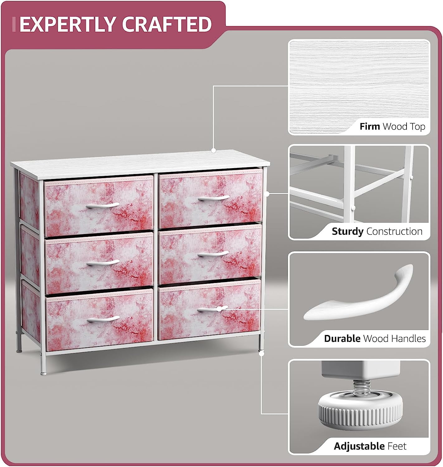Sorbus 6-Drawer Dresser, Fabric Chest Organizer with Steel Frame & Wood Top, Tie-Dye Pink
