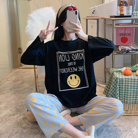 

PIKADINGNIS Spring Pajama Set Cotton Pyjamas Women Sleepwear Plus Size Cartoon Lapel Col Claudine Loose Version Winter Pajamas
