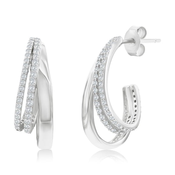 Beaux Bijoux Triple Row CZ & Polished Half Hoop - Sterling Silver Hoop Earrings for Women - Hypoallergenic Earrings for Her