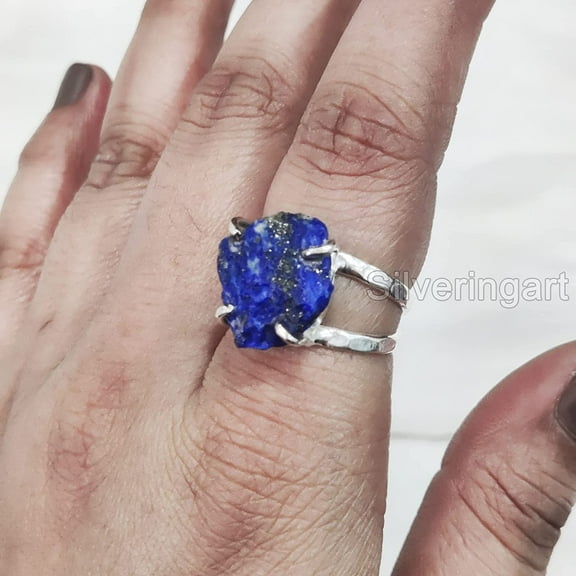 Natural Lapis Lazuli Ring, Rough Lapis Lazuli Ring, Afghani Lapis, 2 Hammered Band, 925 Sterling Silver, Womens Ring, Christmas, Thanksgiving, Handmade, Statement Jewelry, Rough Gemstone Jewelry