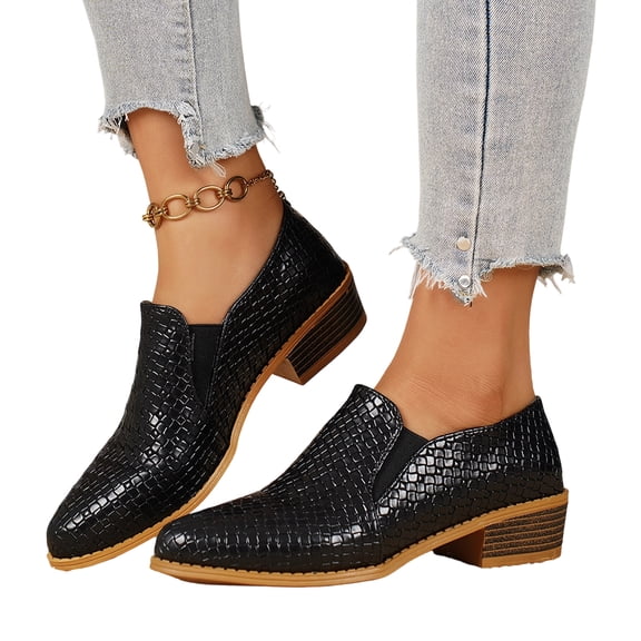 SACFOF Women's Ankle Booties Low Stacked Heel Pointed Toe Leather Western Boots Women British Business Formal Casual Slip On Short Boots Womens Chunky Heels Loafers Walking Shoes Work Boot