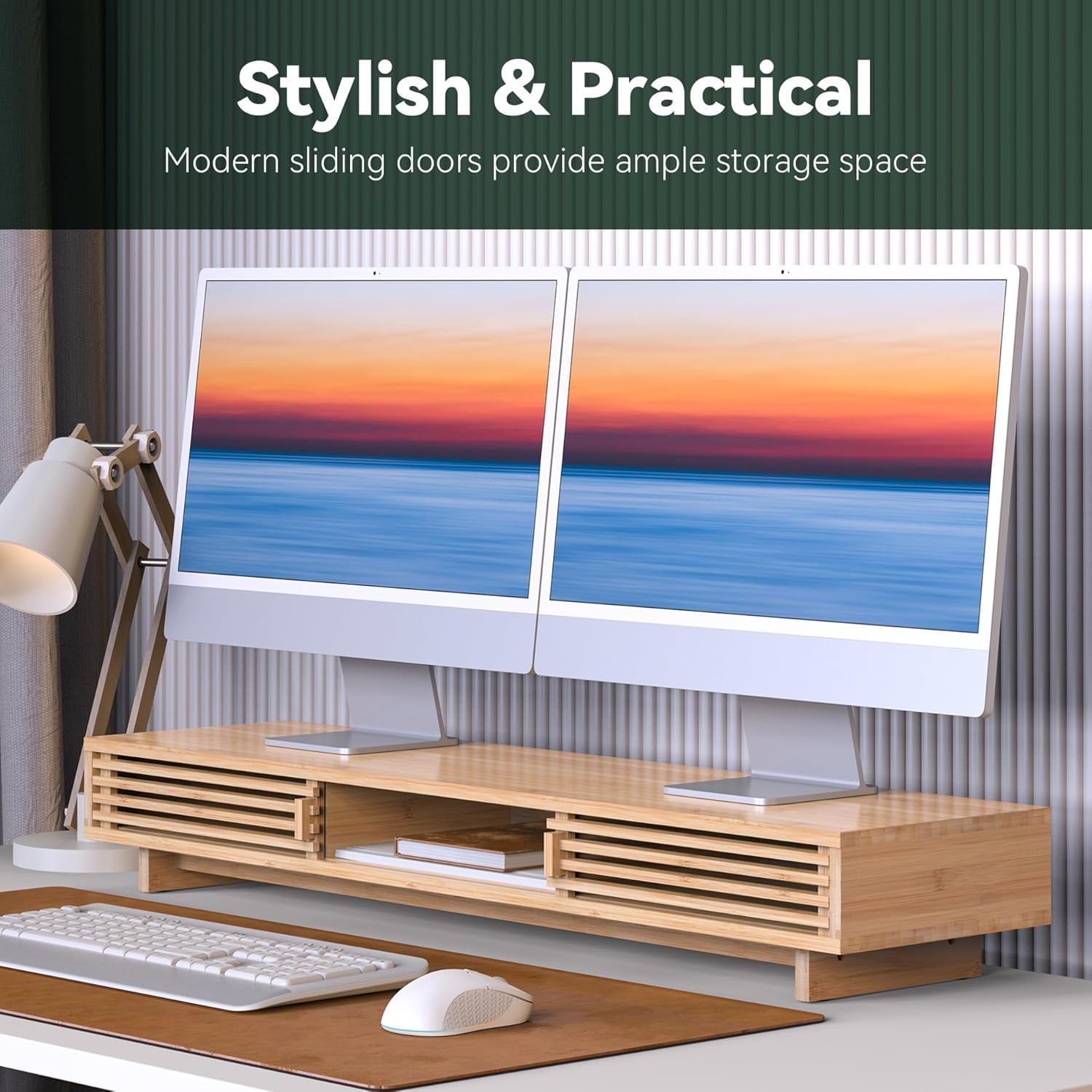 Dual Monitor Stand Riser with Sliding Door, Double Computer Laptop Desk Shelf Organizer Storage Natural  38 Inch