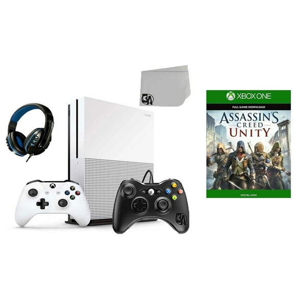 Pre-Owned Microsoft Xbox One S 500GB Gaming Console White 2 Controller Included with Assassin's Creed- Unity BOLT AXTION Bundle