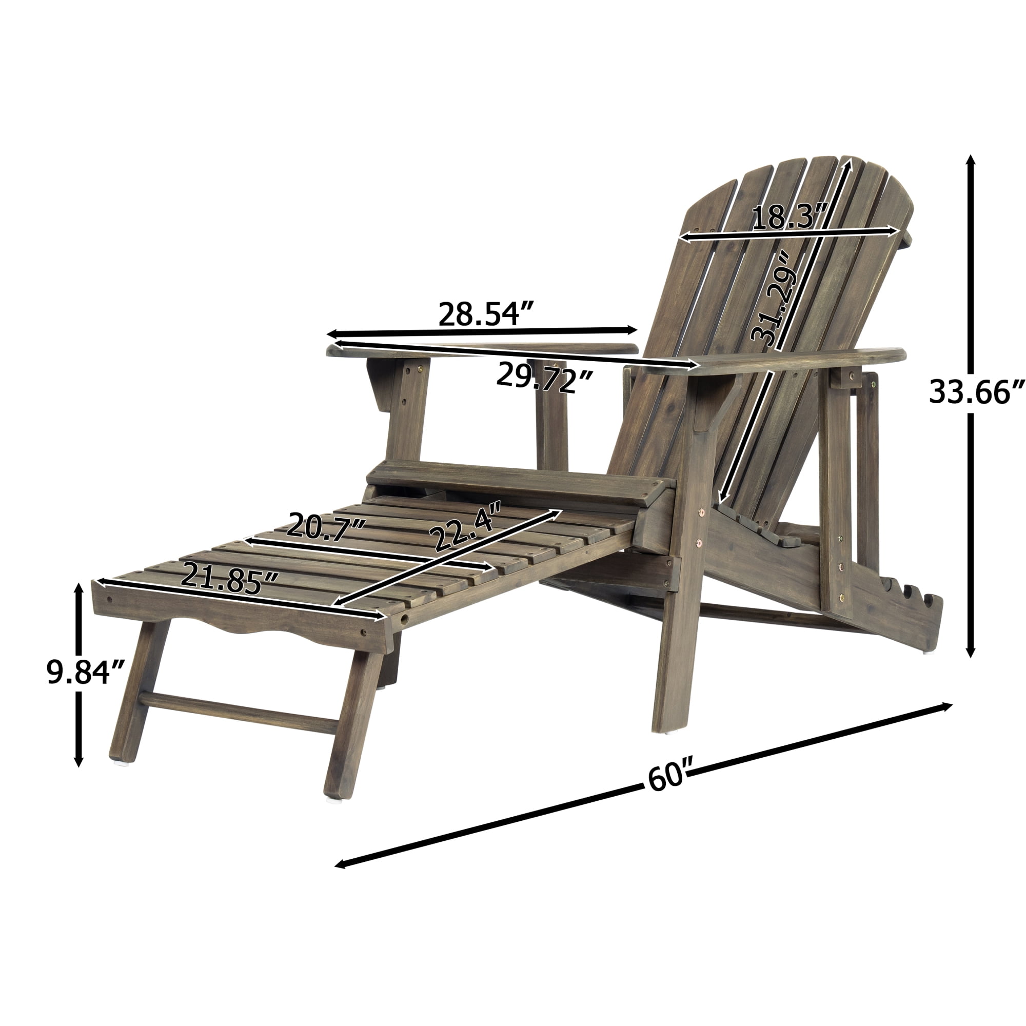 Jopath Folding Adirondack Chair with Extendable Leg Rest Outdoor Wooden Lounge Chairs with Slatted Back and Wide Armrests for Patio Garden Gray