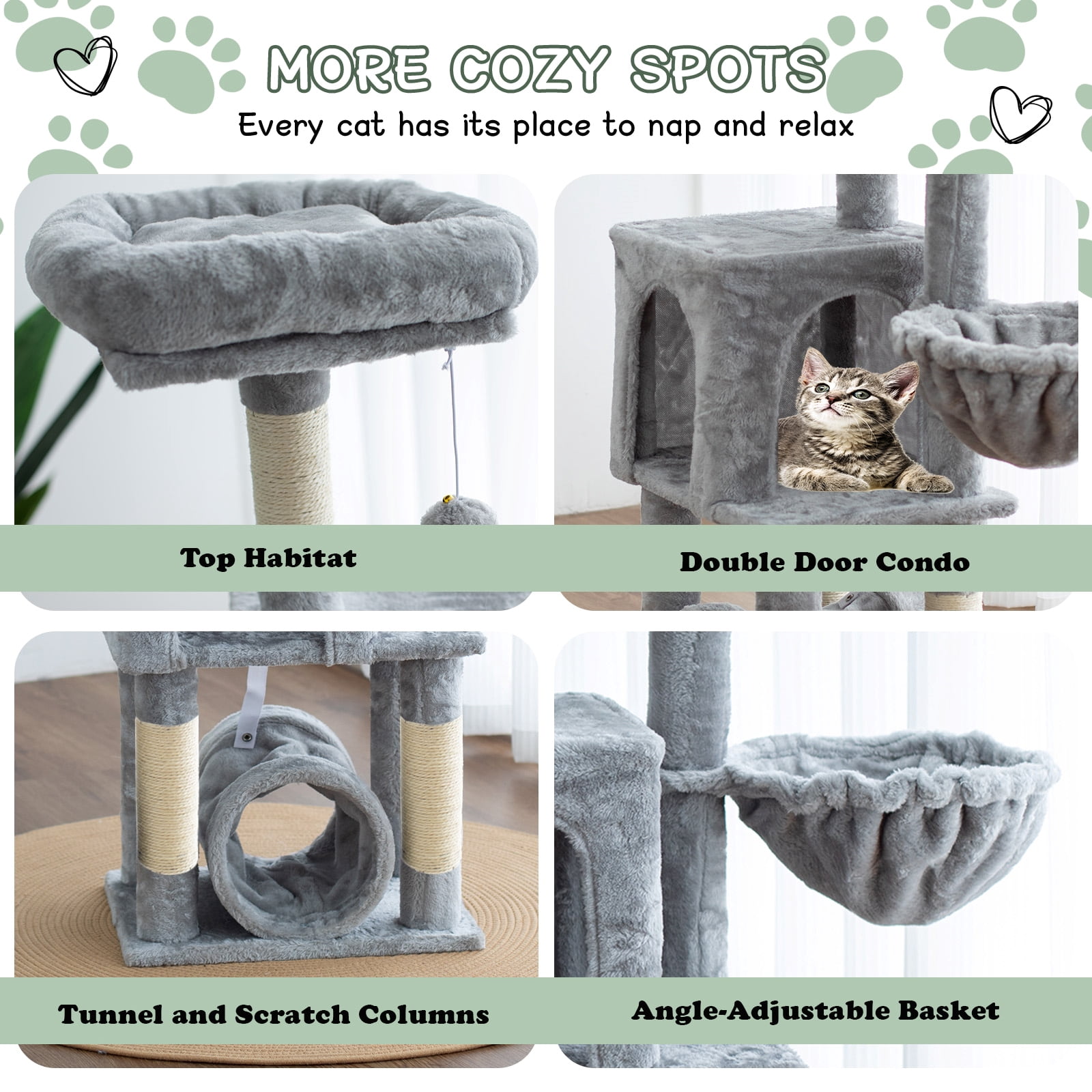 Senbonry Cat Tree for Indoor Cats with Scratching Posts, 49in Small Gothic Tower with 9 Inchs Tunnel, Condo, Basket, Pompoms,Light Gray