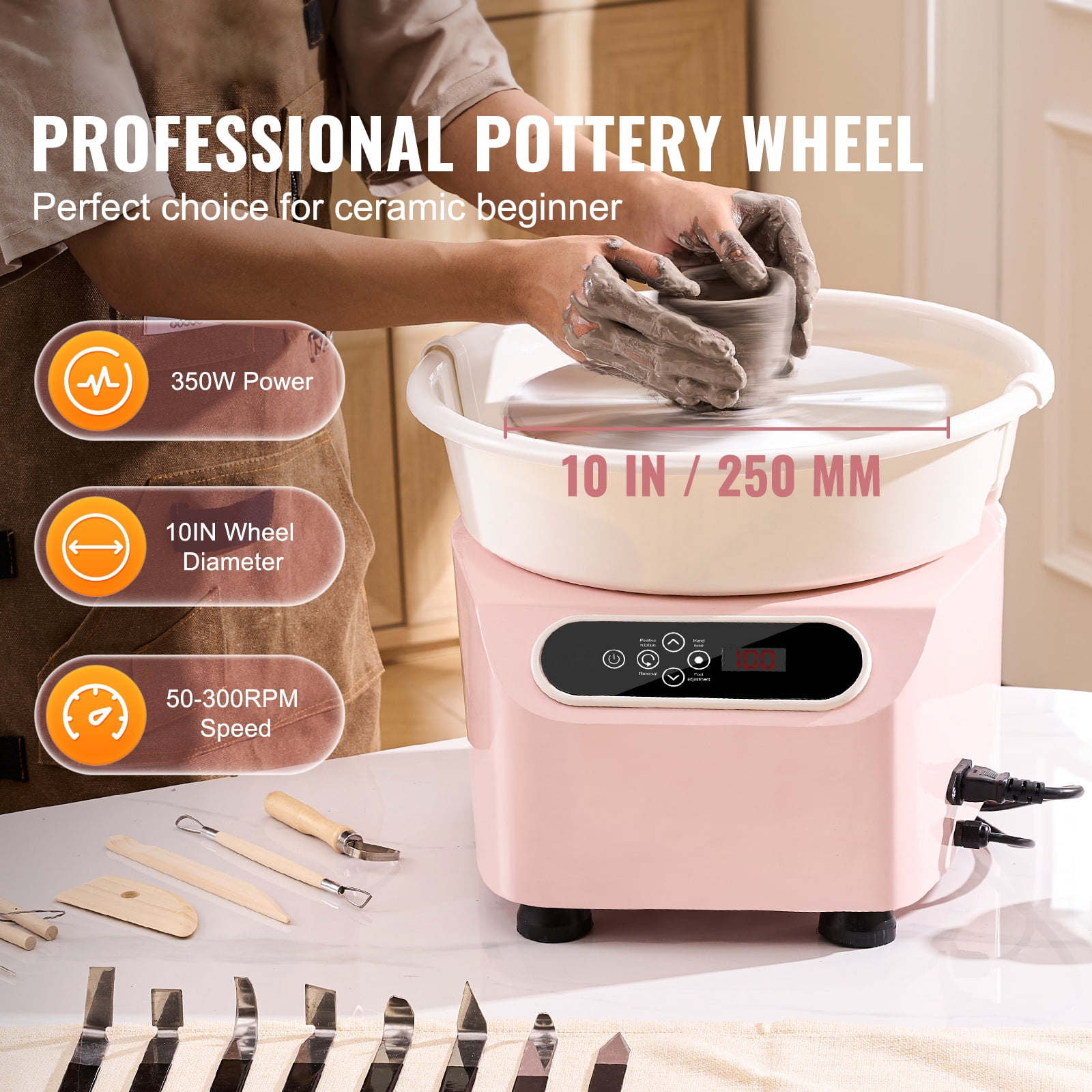 KFFKFF Pottery Wheel, 10 inch Electric Pottery Machine, 350W with Foot Pedal, LCD Touch Screen for Precision, Includes Shaping Tools, Ideal for DIY Art Projects, Pink